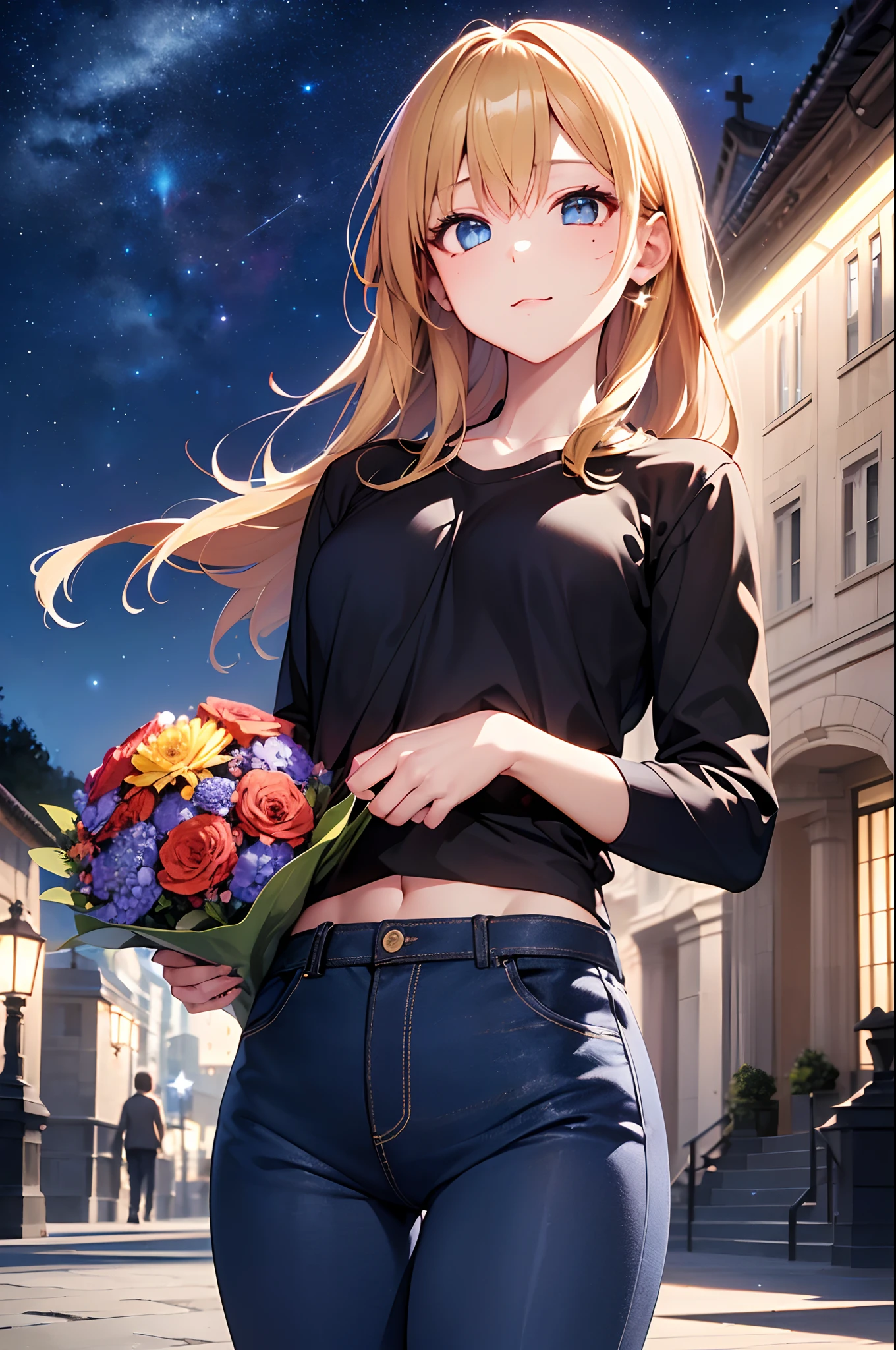 （Girl with a nasty appearance:1.3）、(sacred place:1.5)、(and chest:1.4)、Raw photography, top-quality, hight resolution, (​masterpiece), (Photorealsitic:1.4), (Mole under the eyes),Anime Cosplay, foco nítido, nffsw, 8K分辨率, intricate detailes, depth of fields, the Extremely Detailed CG Unity 8K Wallpapers, front lit, femele,25-years old、 Happy face、(Odango Hair:1.5)、(A big bouquet in his hands:1.5)、see -through、(Medium Gold Hair)、blue eyess,(Stars in the eyes:1.5)、(Bright colored shirt and black skinny pants:1.3)、(Shining starry sky:1.4)