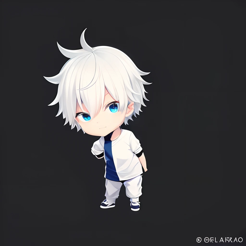 Gojo Satoru, menino,Flickers、very short、1 pessoas,cabelos curtos, solo, (emote twitch:1), Chibi, Backgrounid branco, um adesivo, contorno preto grosso, Esbian de corpo inteiro、blue shorts、cabelos curtos、Fresco、Mini, Chibi Chara.Tenha um jogo、cabelos branco、luminoso、jogador, jujutsu kaizen Gojo