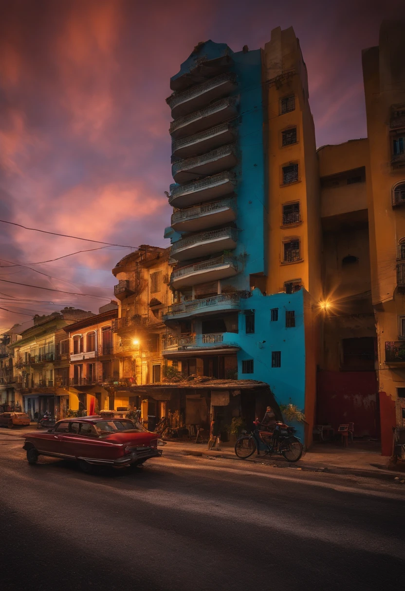Cena ensolarada de uma cidade a'pois um terremoto, where it shows a building that fell leaning on another