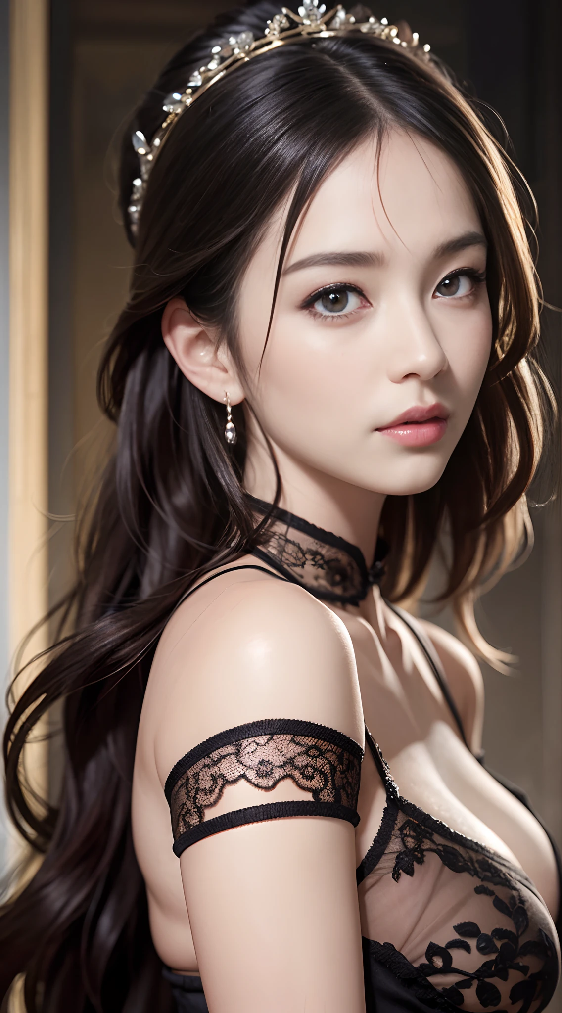 (From the outside) (shiny skins), Many colors,delicated face,body curve,rich skin details,best qualtiy,tmasterpiece,photos realistic,intricate-detail,RAW photogr,court,Gorgeous cheongsam,extra long hair,cropped shoulders,delicated face,Expose cleavage,hair pin,translucent,etheric