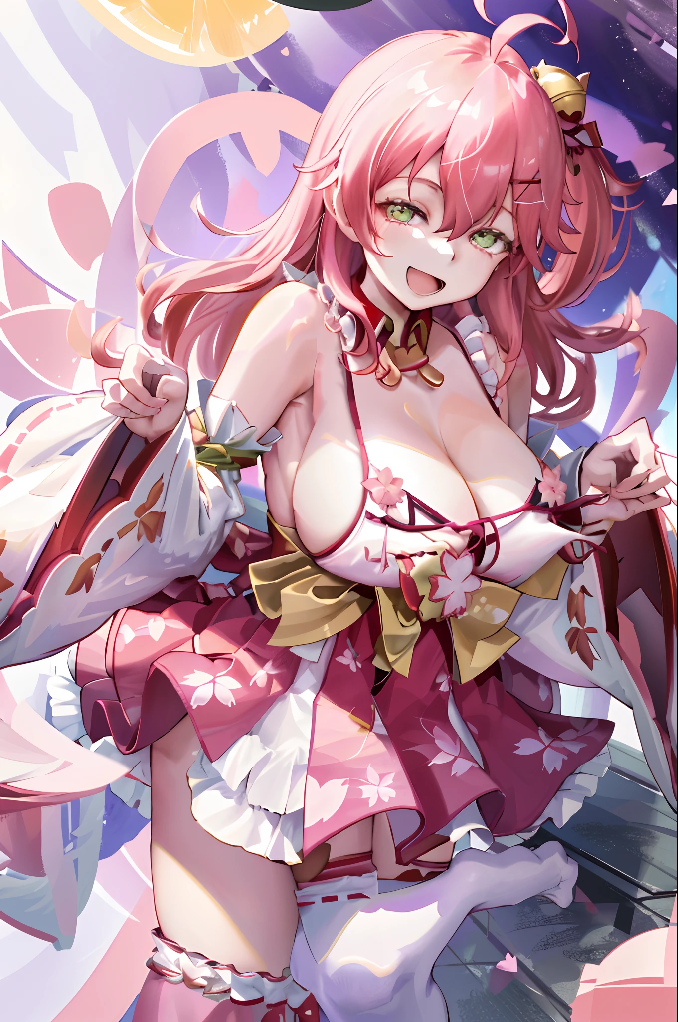 masterpiece, best quality, highres, miko1, sakura_miko, 1girl, green eyes, solo, ahoge, x_hair_ornament, pink_hair, floral print, hairclip, (sideboob:1.4), hair_bell, floral print, long_hair, hair between eyes, one side up, white thighhighs, asymmetrical legwear, wide sleeves, open_mouth,happy,close_eyes, smile,dynamic_posing,rising_leg,plump,apart_legs,(heart_shaped_hands:1.5),hands_in_front_of_girl,(beautiful_fingers),(palm)
