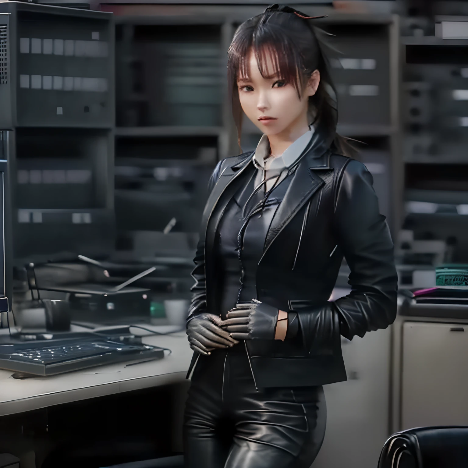 (((All black)))(((Three-piece pants suit)))(((Business suit and short leather gloves, shirt, vest, blazer jacket)))(((5 fingers, black leather gloves, 18-year-old Japanese beauty secretary with a young ponytail, computer operation, high image quality)))(((Background is computer room)))