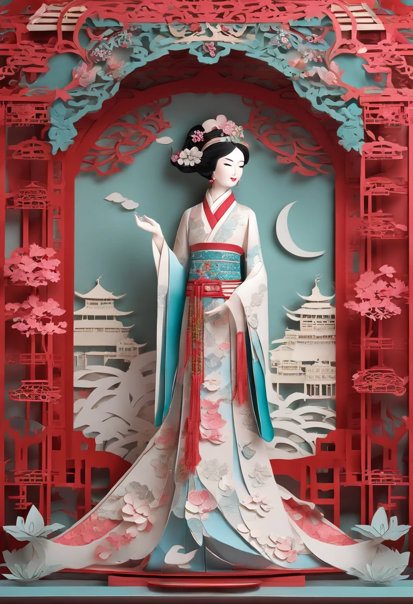 best quality, highres, (paper art), (fairytale:1.1), (Chinese:1.1) woman, (hanfu:1.1), (beautiful:1.1) render, (intricate:1.1) details, (moonlit:1.1) scenery, (masterpiece:1.2), painted (metal:0.9), (vibrant:1.1) colors, (soft:0.9) lighting