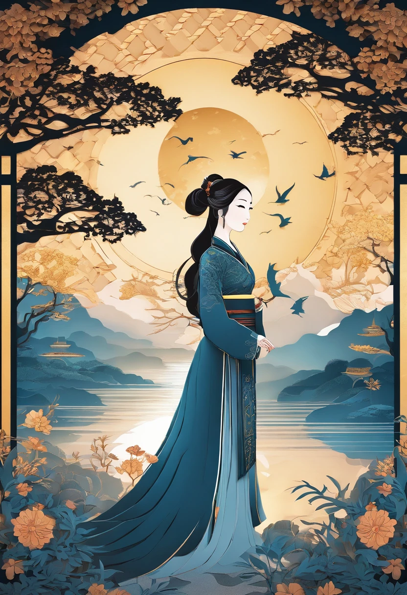 best quality, highres, (paper art), (fairytale:1.1), (Chinese:1.1) woman, (hanfu:1.1), (beautiful:1.1) render, (intricate:1.1) details, (moonlit:1.1) scenery, (masterpiece:1.2), painted (metal:0.9), (vibrant:1.1) colors, (soft:0.9) lighting