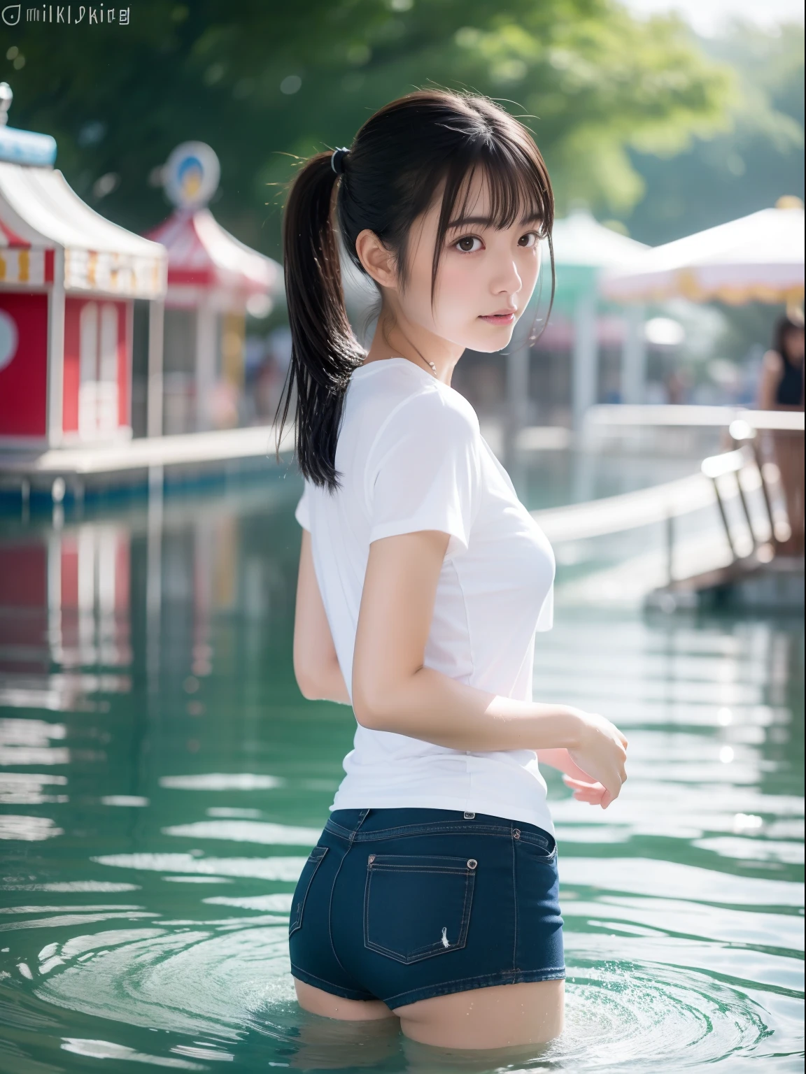 年轻,(a miniskirt),tshirts,teens girl,Delicate body,petite body,Delicate body,small tits,tiny chest,Short,A dark-haired,Very Longhair,poneyTail,playing in the water,An amusement park,a shower,Looking back