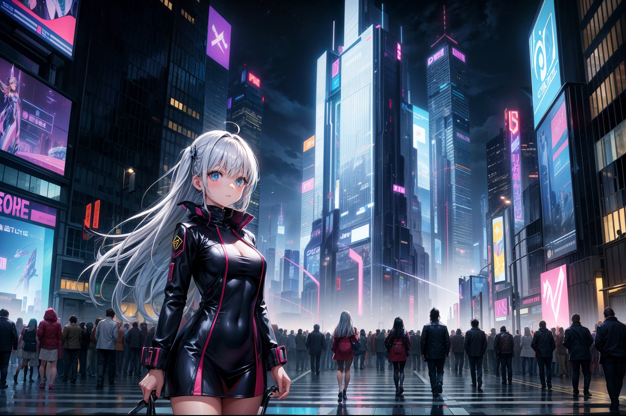 cowboy shot,Draw a scene of a staring at a futuristic cityscape. Imagine a futuristic city with towering skyscrapers and flying vehicles soaring through the sky. This city is、Represents a fusion of cutting-edge technology and futuristic fashion. The surface of the building is、Decorated with glowing displays and huge advertisements, Soak up the entire city in bright and dazzling lights. Girl floats in the wind, Dressed in advanced clothing, Drifting gracefully in the space between skyscrapers. Around her、There are futuristic rides in the air and bright streetlights, Give the city a lively atmosphere. This scene is、It is a great opportunity to depict the possibilities and beauty of the future.
