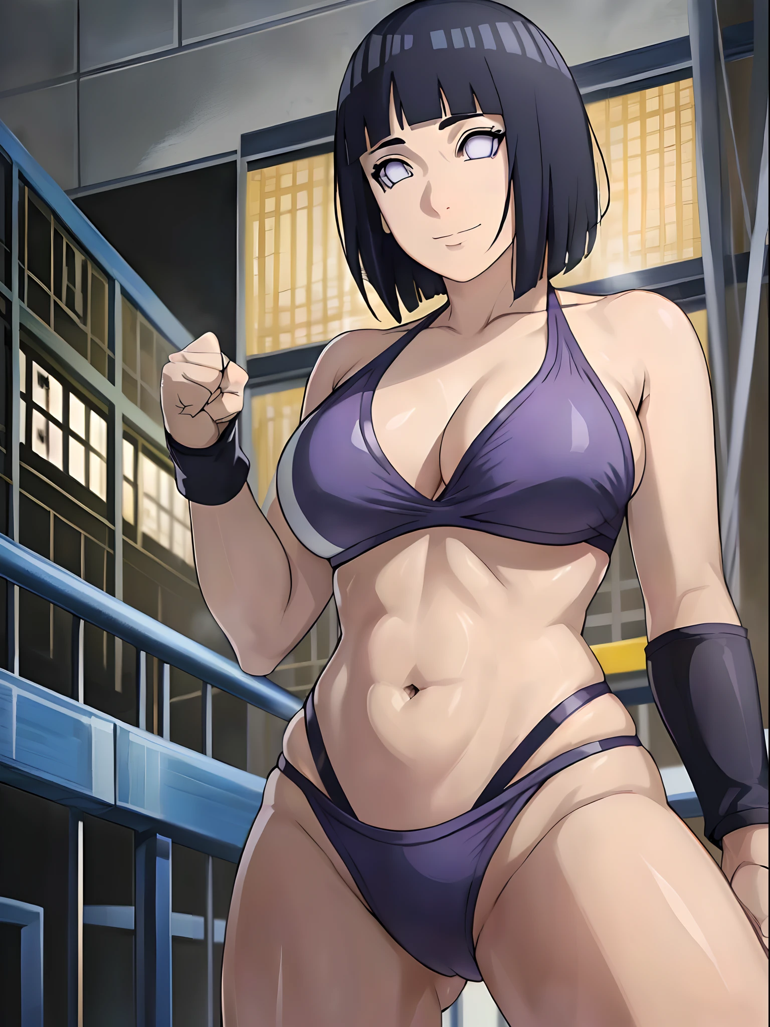 anime style, wrestling ground, (hinata\(boruto\), (female wrestler), (slender body), mature woman, milf, (bikini, pro wrestling gear) victorious, gorgeous, winner, kind face, smile, closed mouth, pale skin, shiny skin, (dark blue hair color:1.1), wavy hair, ((short hair, hime cut), big breasts, (only one arm stretching), long belly, closed fists, seductive, (perfect eyes, white sciera, bright eyes, white eyes, anime eyes, smoky eyeliner, eyeshadow)