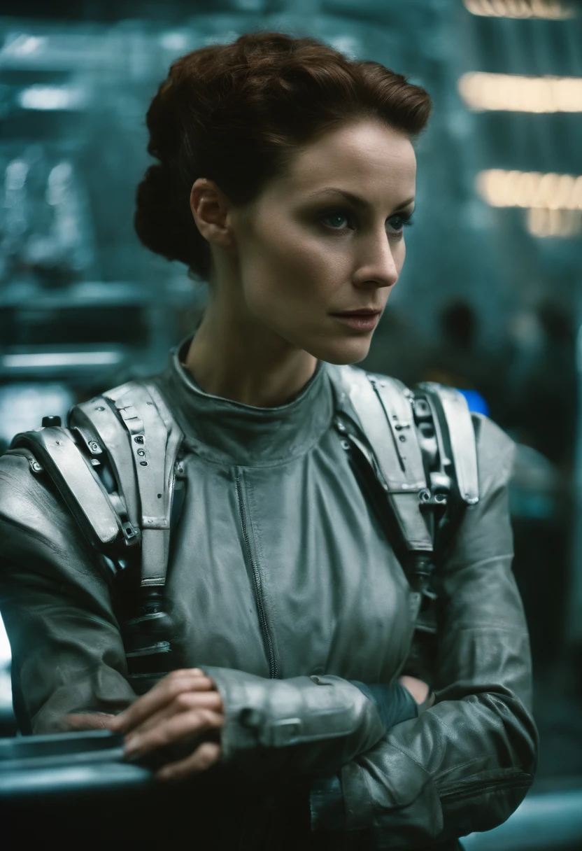 Horrifying Female Blade Runner sneering, stalking replicant, Blade Runner pistol, massive far future cyberpunk data center, shot on portra 120 film, National Geographic Photography :: Instagram Selfie, smiling