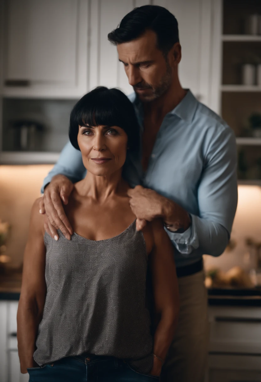 tanned mature woman, black hair with bangs, having sex standing up with young man on the kitchen