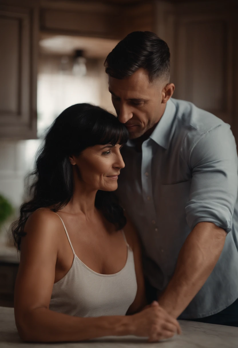 tanned mature woman, black hair with bangs, having sex standing up with young man on the kitchen