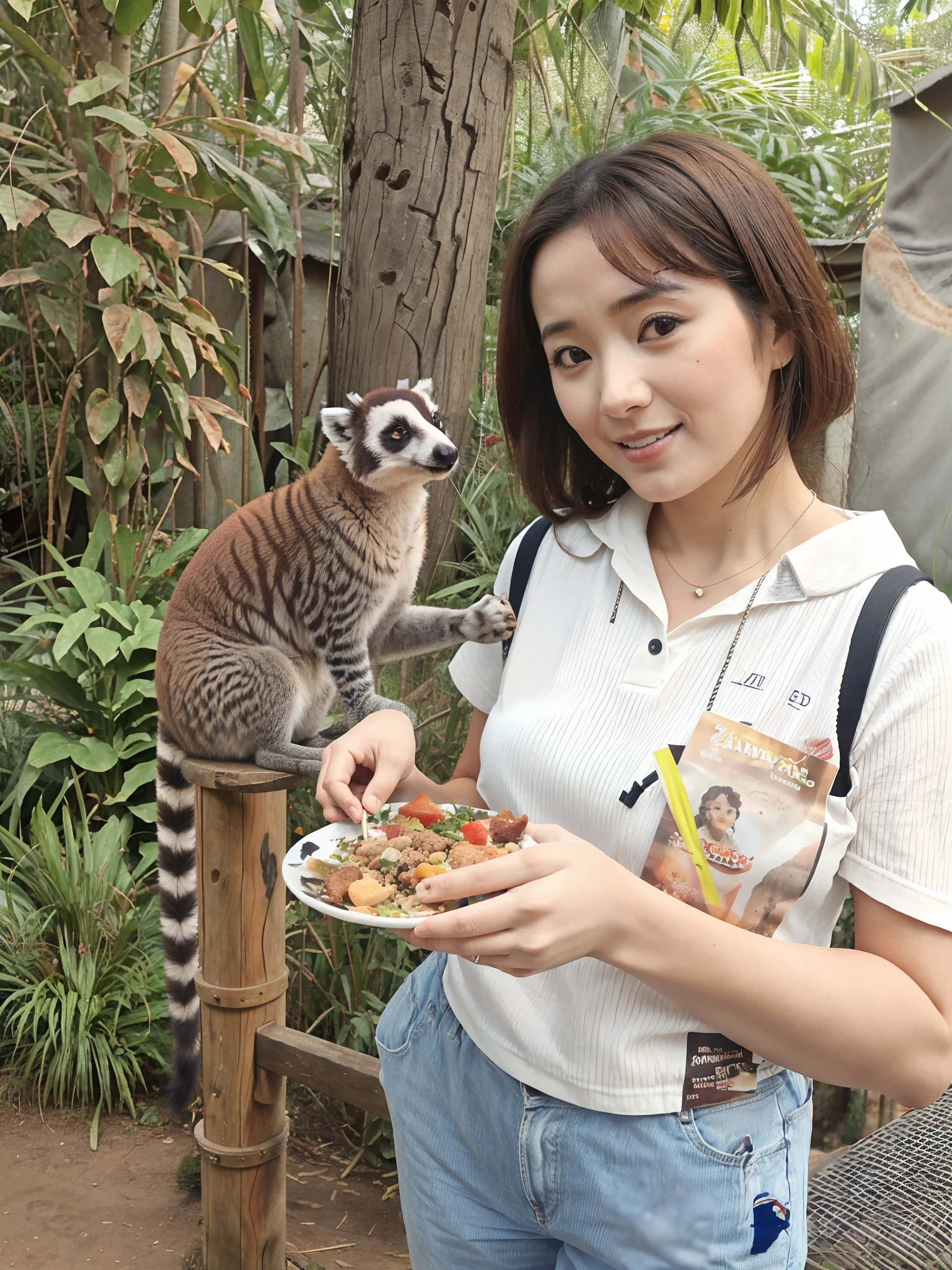 The woman holds a plate of food，There are lemurs on it, exclusive, having a snack, real picture taken in zoo, taken in zoo, picture taken in zoo, Gorgeous lady, komono, [ Realistic photo ]!!, Feed the giraffes, Wonderful, Uptrend ，, very tasty, zoo, in the zoo exhibit, Eating, mmmmm