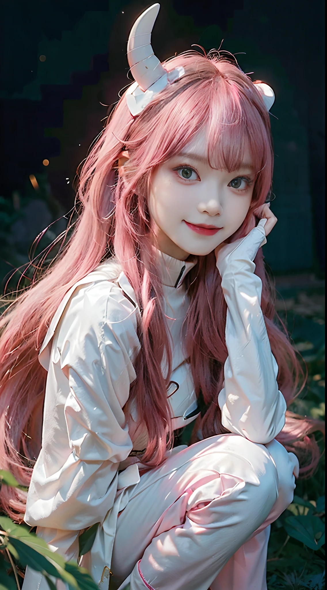 Zerotwo \(darling on franxx\), darling on franxx, 1girll, rim, self-shot, Smiling, Biting, black shadows, Green eyes, hair behind head, Horns, Long hair, Makeup, Small breasts, pilotsuit, White bodysuit, Pink hair, Red eyeshadow, Science fiction, taut skin, Solo