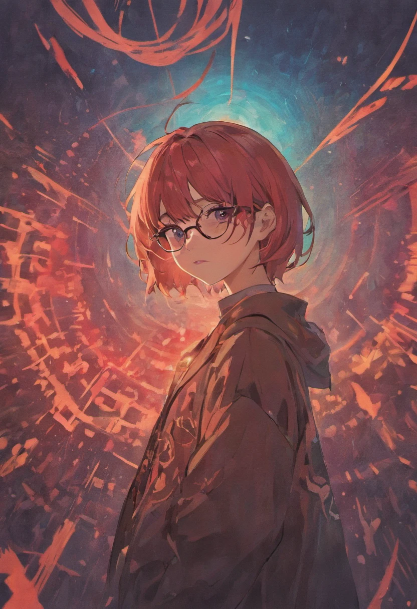 There is a man with glasses and a necklace with a Devil's Cross, inspired by Ion Andreescu, Inspired by Elsa Bleda, There is no Estiello Petra Collins, Simsbo, Wear prescription glasses, thick glasses, short wet hair dripping, with square glasses, thick and red hair, solo portrait 🎨🖌️,Port wind