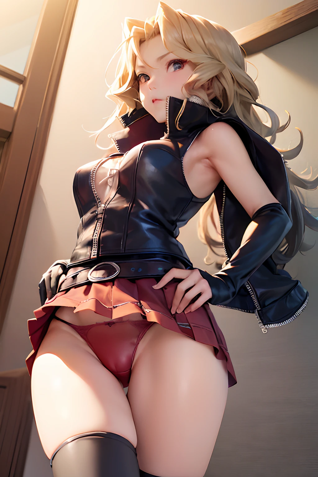 (masutepiece, Best Quality:1.2), Cowboy Shot, Solo, 1girl in, Valentine's Day in May, embarassed expression、 Looking at Viewer, sleeveless jacket, Black Long Gloves、Skirt、thigh high boots、natta、((lift up one's skirt))、(Show underwear))、Red panties