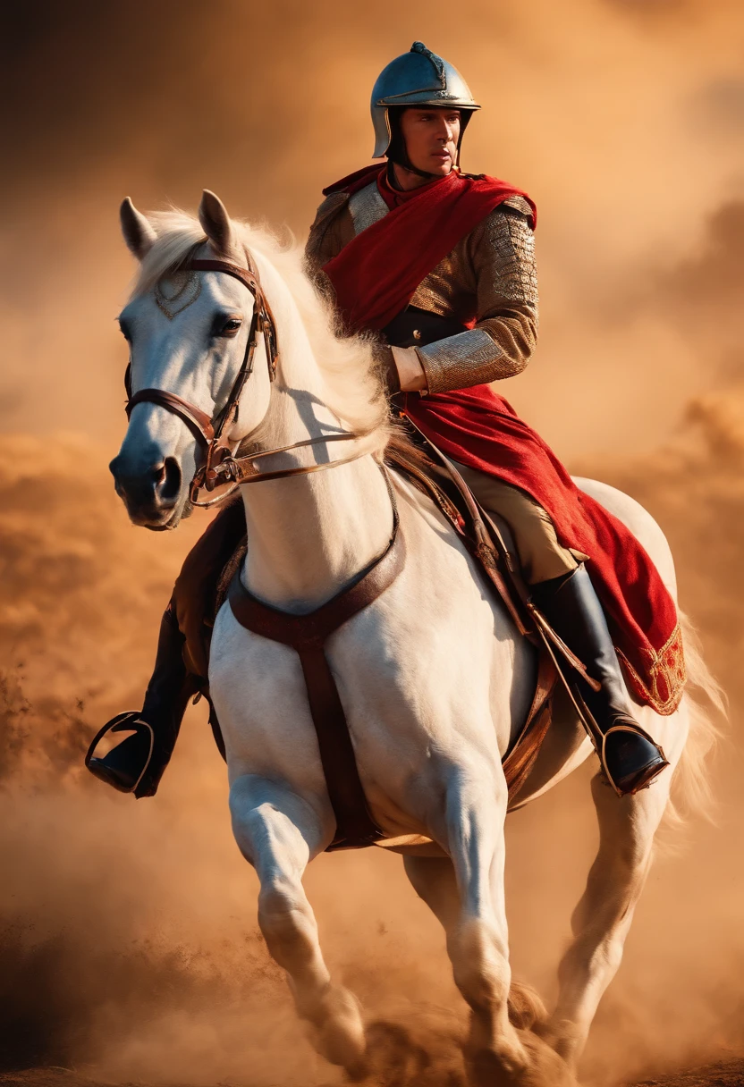 The ancient style boy general galloped on the battlefield and rode on horseback Battle damage