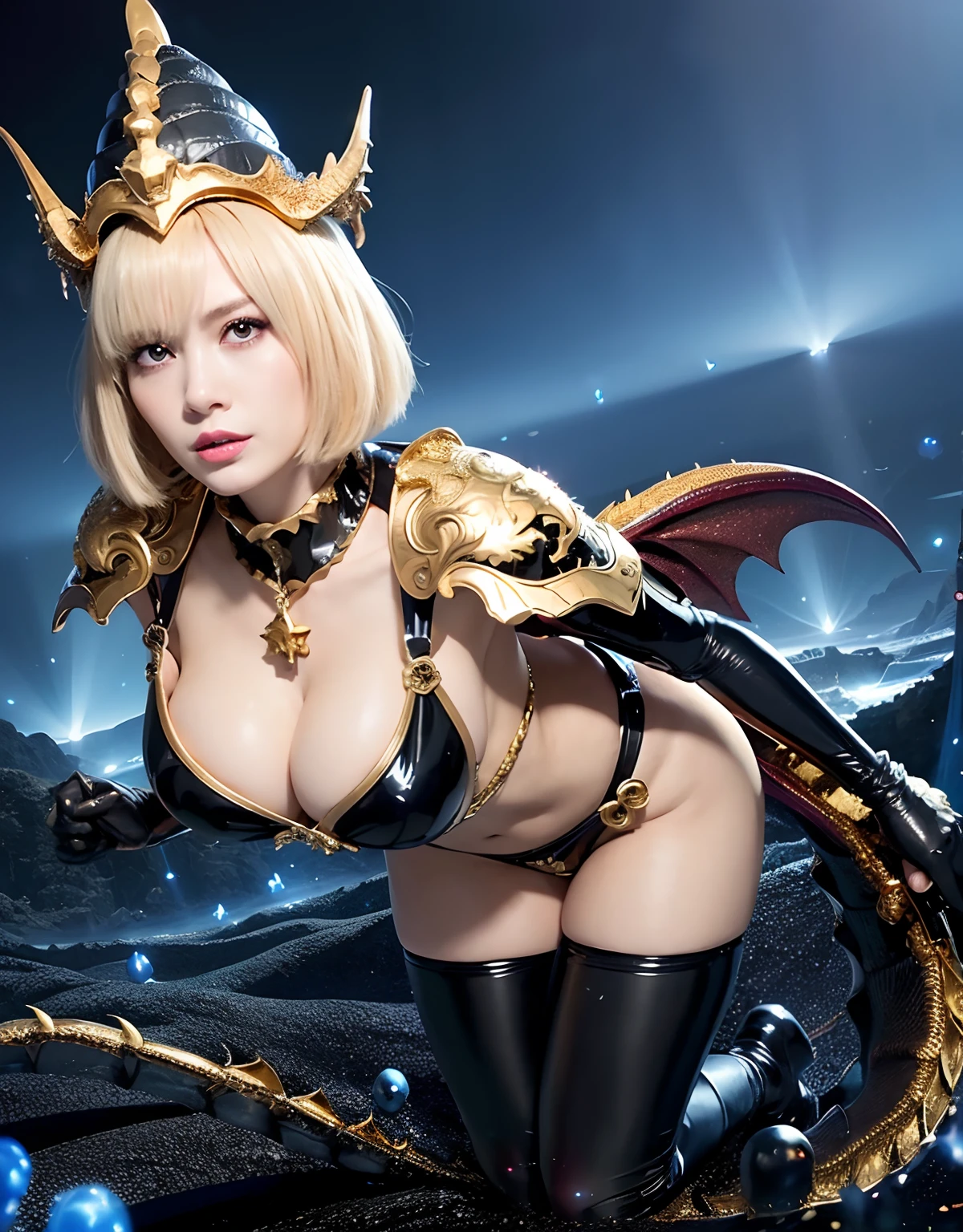 ((World of Darkness)),Professional , masterpiece、top-quality、photos realistic , depth of fields 、(((Fight dragons))),(Dragon Black Metal Body:1.9),(Latex Blue、(cleavage of the breast),(Fight dragons)、Full Body Angle、(((Particles of light))),(Micro Bikini Armor:1.7),Gorgeous gold weapons ,(Fight dragons)、Seductive look、The face of the dragon is out、(blood splattere、Armpit、((((With a magic wand))), ) , (((Wearing a black latex wizard hat))),(demonic wings) ,((a blond))、(Castle background)、((Gangle's forest background))、Beautiful Caucasian beauty、1a person、Armpit、dynamic ungle,(((Detailed Gold Dragon Wizard Hat)))、Smaller head、A smile、Castle background、Thin and beautiful female hands、cleavage of the breast、Soldier in iron armor on background、Mystical expression、Light Effects、intense fighting、Wind-effect、magic circles、With the legendary magic wand、Dragon's tail、explosions、Toostock、Toostock、(Beautuful Women),