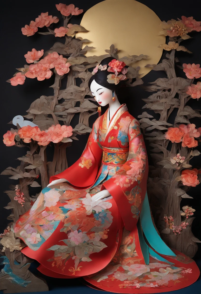 best quality, highres, (paper art), (fairytale:1.1), (Chinese:1.1) woman, (hanfu:1.1), (beautiful:1.1) render, (intricate:1.1) details, (moonlit:1.1) scenery, (masterpiece:1.2), painted (metal:0.9), (vibrant:1.1) colors, (soft:0.9) lighting