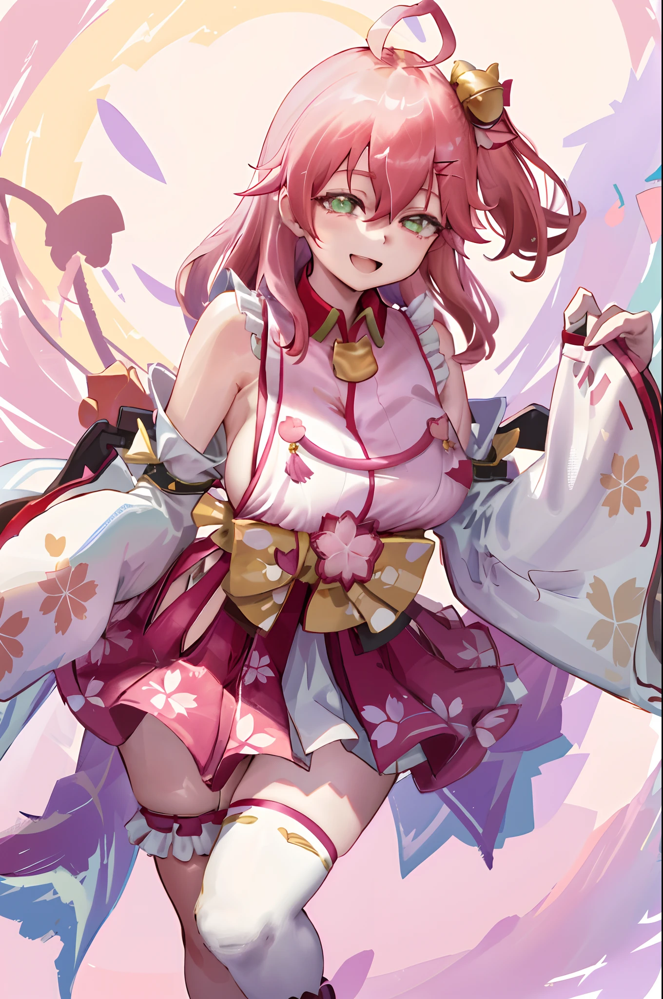 masterpiece, best quality, highres, miko1, sakura_miko, 1girl, green eyes, solo, ahoge, x_hair_ornament, pink_hair, floral print, hairclip, (sideboob:1.4), hair_bell, floral print, long_hair, hair between eyes, one side up, white thighhighs, asymmetrical legwear, wide sleeves, open_mouth,happy,close_eyes, smile,dynamic_posing,rising_leg,plump,apart_legs,(heart_shaped_hands:1.5),hands_in_front_of_girl,(beautiful_fingers),(palm)
