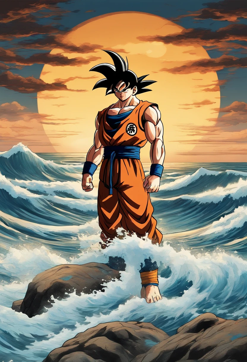 "Create a stunning 2D HD artwork of Goku standing shirtless at the edge of a tranquil ocean, his muscular physique glistening under the Japanese sun. Captivate viewers with intricate details and vibrant colors, bringing this iconic character to life in classic Japanese art style."
