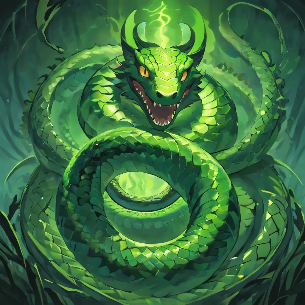 (A snake with nine heads),mythological creatures,Huge and menacing,Each head has sharp fangs and fiery eyes,Thick scales that cover the whole body,shimmering under the moonlight,Squirm and wriggle in the dark,Each head has a unique color and pattern,Poisonous venom drips from its mouth,Dark and ominous atmosphere,Black shadows and eerie mist around the snake,The shining moon illuminated the scene,Cast an eerie glow on the snake's scales,enigmaticandcaptivating,Majestic and powerful,Artistic representation of snakes in oil painting style,Highly detailed and realistic reproduction,Impressive brushstrokes,rich and vivid colors,The depth and texture of each stroke,lightand shade contrast,Create a sense of drama and intensity,Subtle hints of green and purple in the color palette,Dramatic lighting emphasizes the details and silhouettes of the snake,The faint moonlight casts shadows on the ground,Add a touch of mystery and suspense.