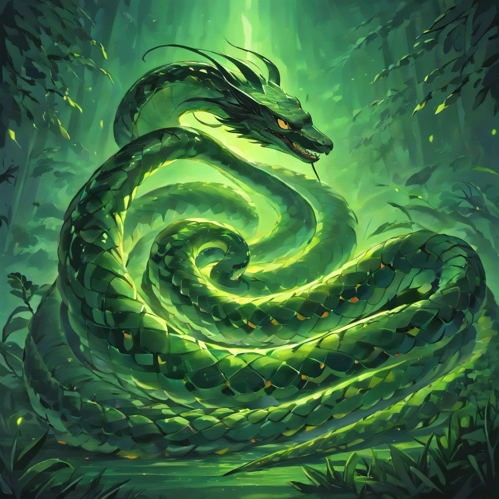 (A snake with nine heads),mythological creatures,Huge and menacing,Each head has sharp fangs and fiery eyes,Thick scales that cover the whole body,shimmering under the moonlight,Squirm and wriggle in the dark,Each head has a unique color and pattern,Poisonous venom drips from its mouth,Dark and ominous atmosphere,Black shadows and eerie mist around the snake,The shining moon illuminated the scene,Cast an eerie glow on the snake's scales,enigmaticandcaptivating,Majestic and powerful,Artistic representation of snakes in oil painting style,Highly detailed and realistic reproduction,Impressive brushstrokes,rich and vivid colors,The depth and texture of each stroke,lightand shade contrast,Create a sense of drama and intensity,Subtle hints of green and purple in the color palette,Dramatic lighting emphasizes the details and silhouettes of the snake,The faint moonlight casts shadows on the ground,Add a touch of mystery and suspense.