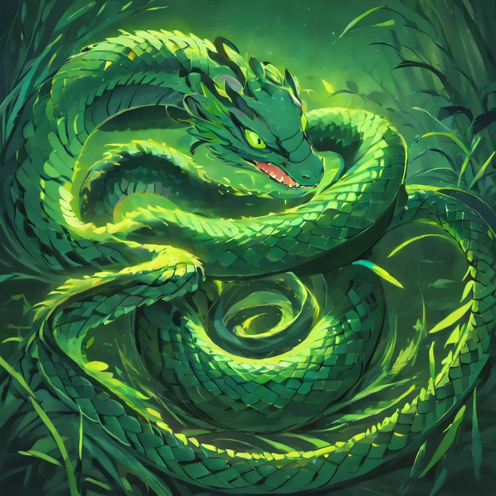 (A snake with nine heads),mythological creatures,Huge and menacing,Each head has sharp fangs and fiery eyes,Thick scales that cover the whole body,shimmering under the moonlight,Squirm and wriggle in the dark,Each head has a unique color and pattern,Poisonous venom drips from its mouth,Dark and ominous atmosphere,Black shadows and eerie mist around the snake,The shining moon illuminated the scene,Cast an eerie glow on the snake's scales,enigmaticandcaptivating,Majestic and powerful,Artistic representation of snakes in oil painting style,Highly detailed and realistic reproduction,Impressive brushstrokes,rich and vivid colors,The depth and texture of each stroke,lightand shade contrast,Create a sense of drama and intensity,Subtle hints of green and purple in the color palette,Dramatic lighting emphasizes the details and silhouettes of the snake,The faint moonlight casts shadows on the ground,Add a touch of mystery and suspense.