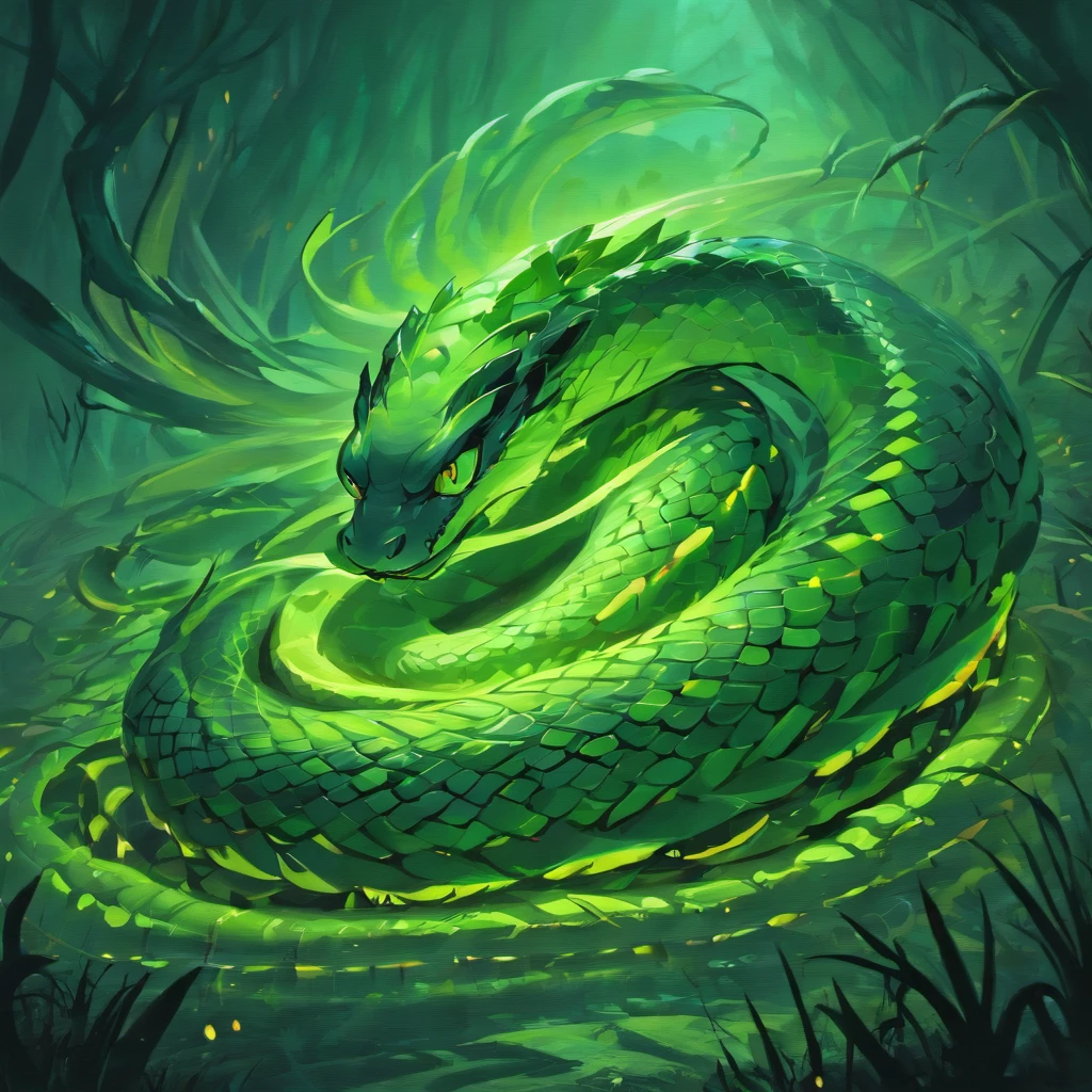 (A snake with nine heads),mythological creatures,Huge and menacing,Each head has sharp fangs and fiery eyes,Thick scales that cover the whole body,shimmering under the moonlight,Squirm and wriggle in the dark,Each head has a unique color and pattern,Poisonous venom drips from its mouth,Dark and ominous atmosphere,Black shadows and eerie mist around the snake,The shining moon illuminated the scene,Cast an eerie glow on the snake's scales,enigmaticandcaptivating,Majestic and powerful,Artistic representation of snakes in oil painting style,Highly detailed and realistic reproduction,Impressive brushstrokes,rich and vivid colors,The depth and texture of each stroke,lightand shade contrast,Create a sense of drama and intensity,Subtle hints of green and purple in the color palette,Dramatic lighting emphasizes the details and silhouettes of the snake,The faint moonlight casts shadows on the ground,Add a touch of mystery and suspense.