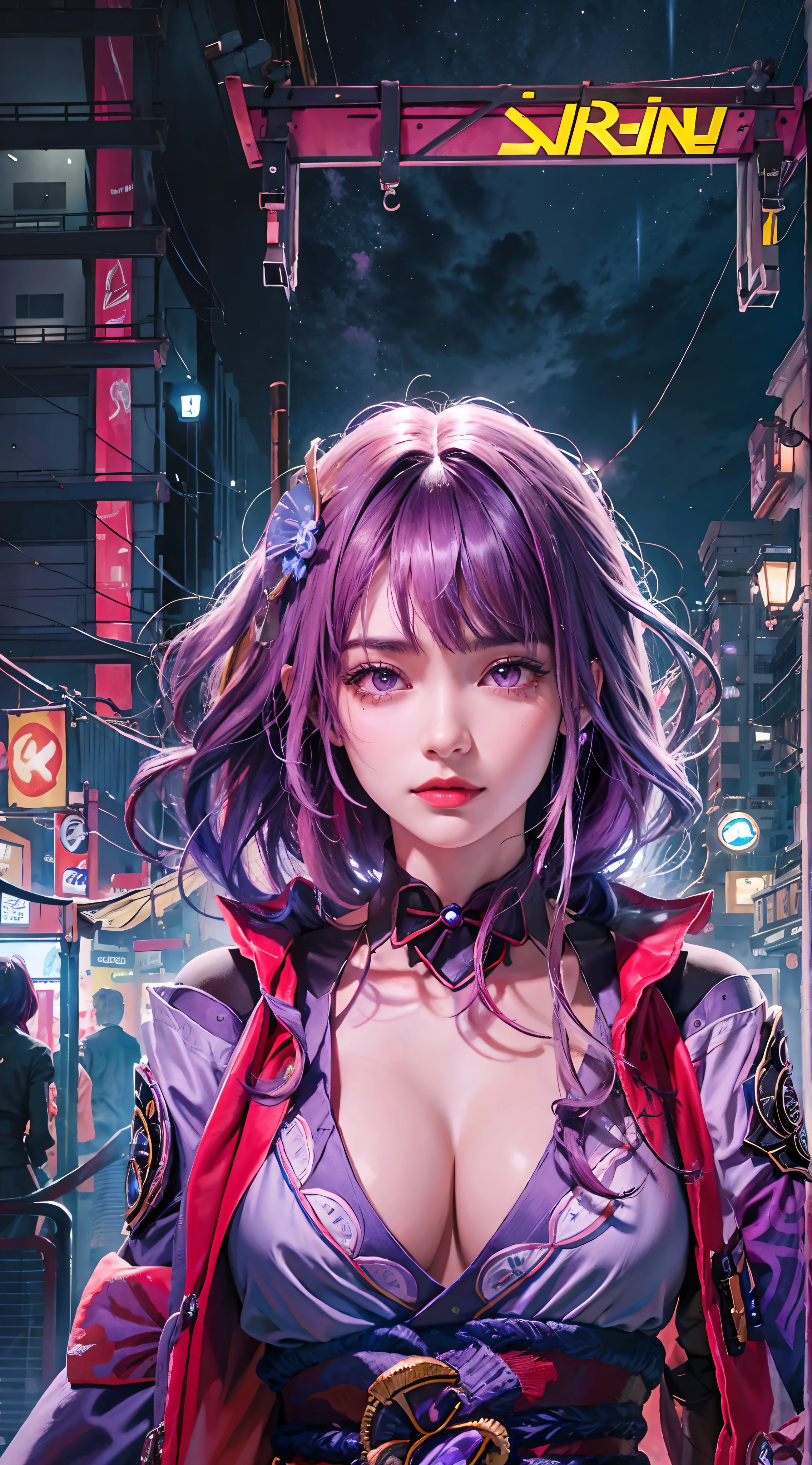 Raiden shogun \(genshin impact\), 1girl, hair scrunchie, hime cut, purple hair, colored tips, full moon, grey eyes, jacket, long sleeves, looking at viewer, medium hair, multicolored hair, parted bangs, parted lips, pink hair, portrait, red eyeliner, red lips, solo, white jacket, rainy night in a cyberpunk city with glowing neon lights