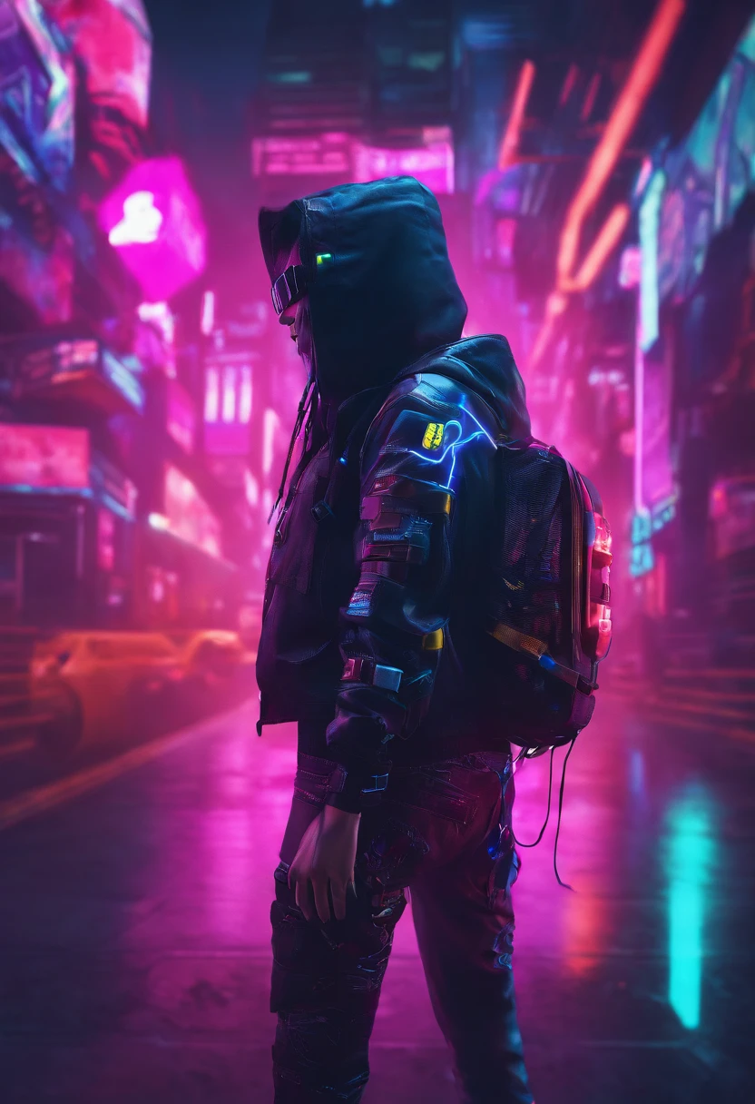 8K，Fine picture quality，Future street background，A cyberpunk boy，Carry this futuristic technology backpack，The backpack has lights，Future illuminated camera in hand，Back shadow