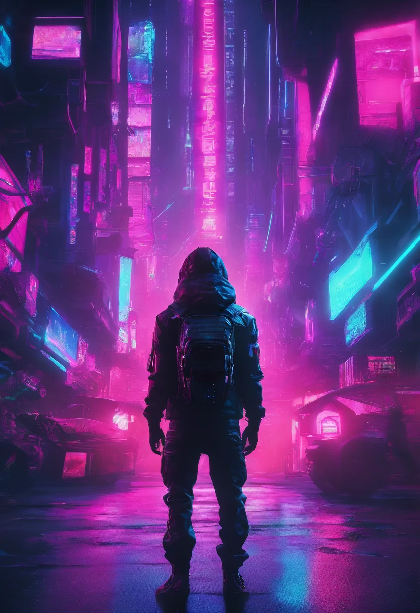 8K，Fine picture quality，Future street background，A cyberpunk boy，Carry this futuristic technology backpack，The backpack has lights，Future illuminated camera in hand，Back shadow