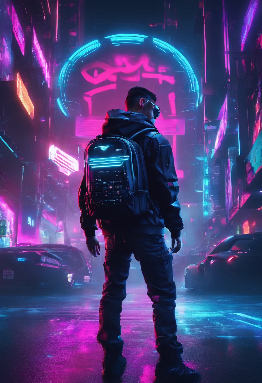 8K，Fine picture quality，Future street background，A cyberpunk boy，Carry this futuristic technology backpack，The backpack has lights，Future illuminated camera in hand，Back shadow