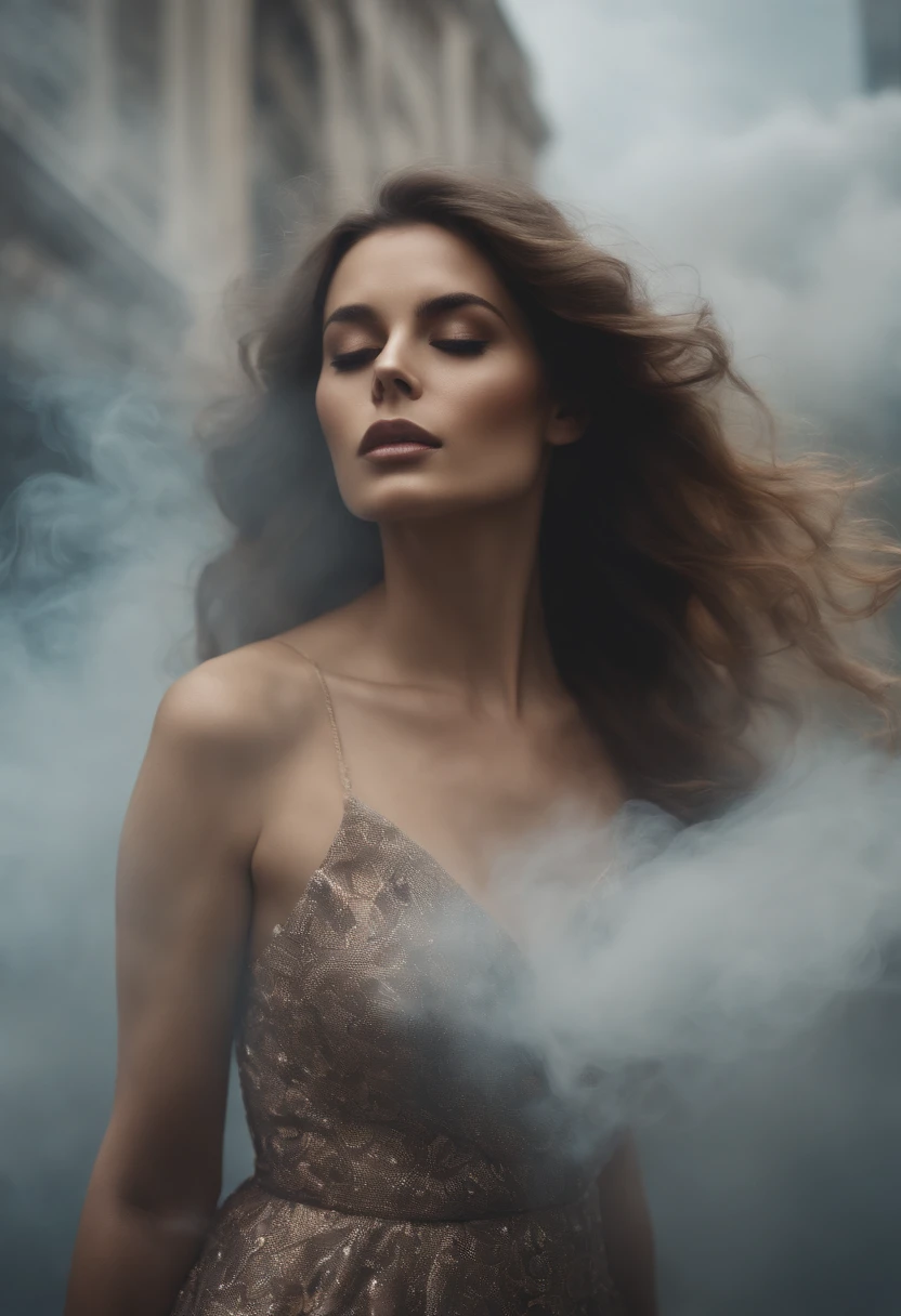 A woman's face hidden by a smoke cloud, cloud covering face::2, surreal photograph, long hair, movie still by Christoper Nolan, dress with flower pattern, foggy, city with skyscrapers, halation around lights, diffuse lighting, extreme high angle::2, Instax, pastel colours --style raw --v 5.2-