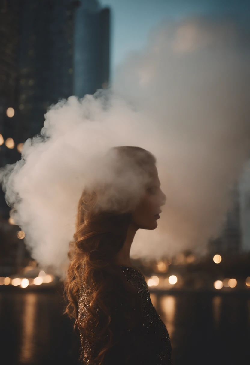 A woman's face hidden by a smoke cloud, cloud covering face::2, surreal photograph, long hair, movie still by Christoper Nolan, dress with flower pattern, foggy, city with skyscrapers, halation around lights, diffuse lighting, extreme high angle::2, Instax, pastel colours --style raw --v 5.2-