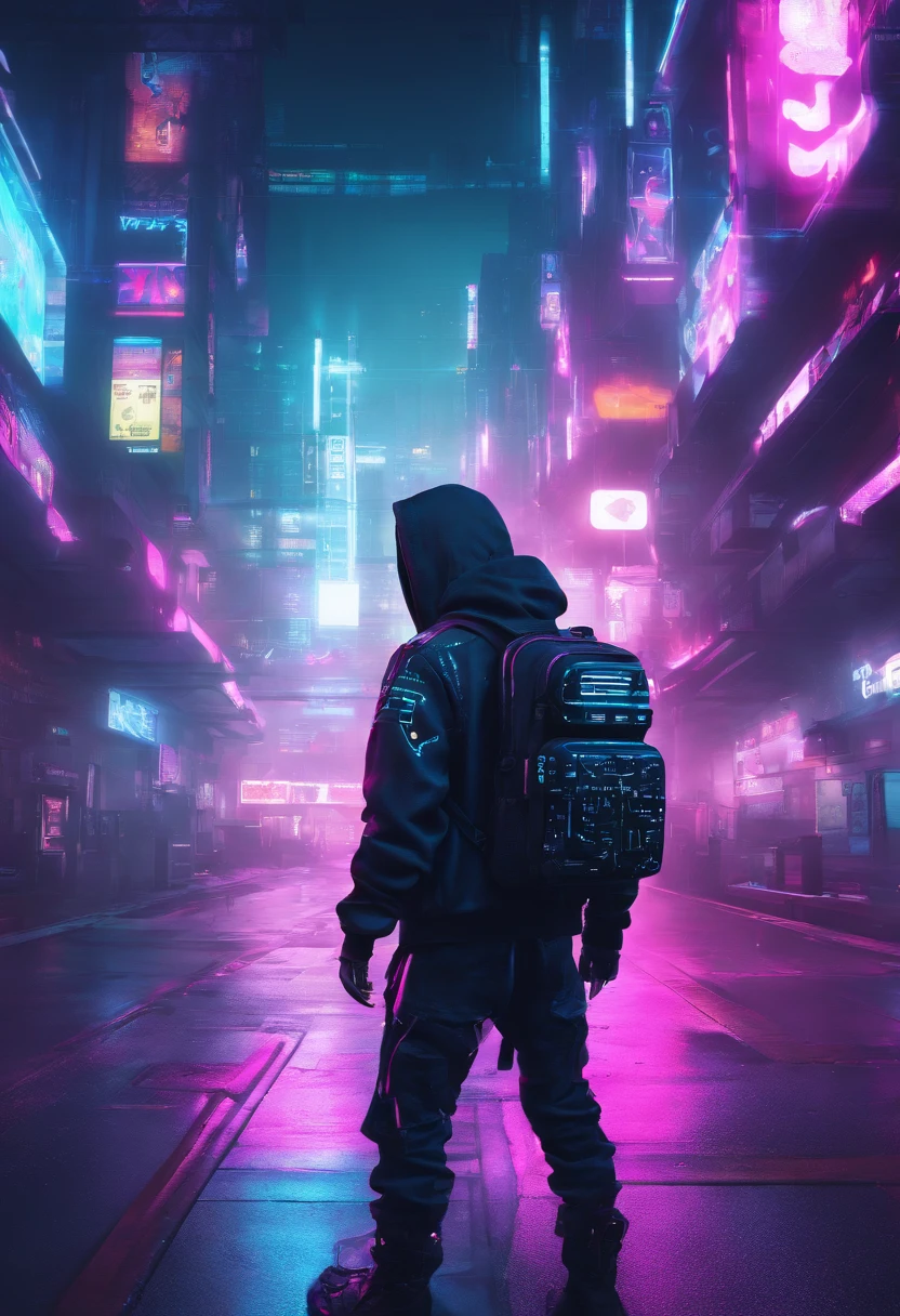 8K,Fine picture quality,Future street background,A cyberpunk boy,Carry this futuristic technology backpack,The backpack has lights,Future illuminated camera in hand,Back shadow