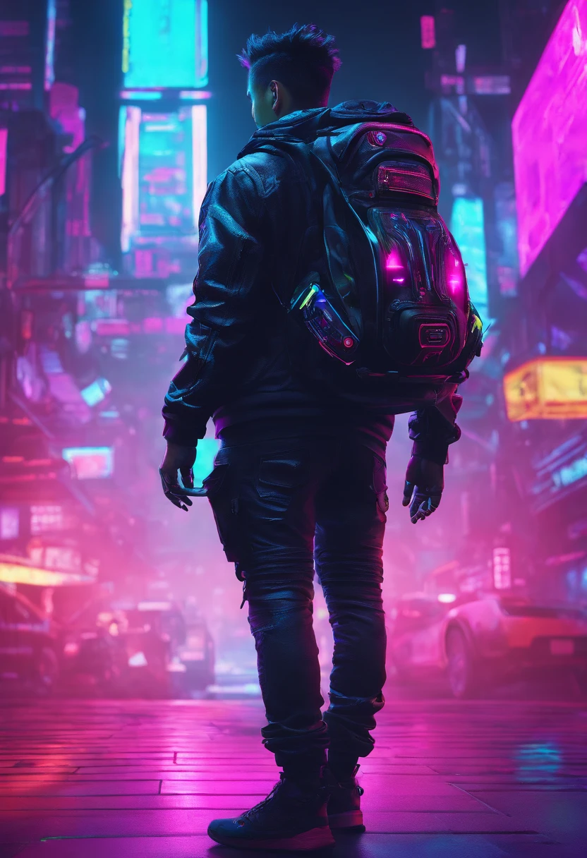 8K,Fine picture quality,Future street background,A cyberpunk boy,Carry this futuristic technology backpack,The backpack has lights,Future illuminated camera in hand,Back shadow