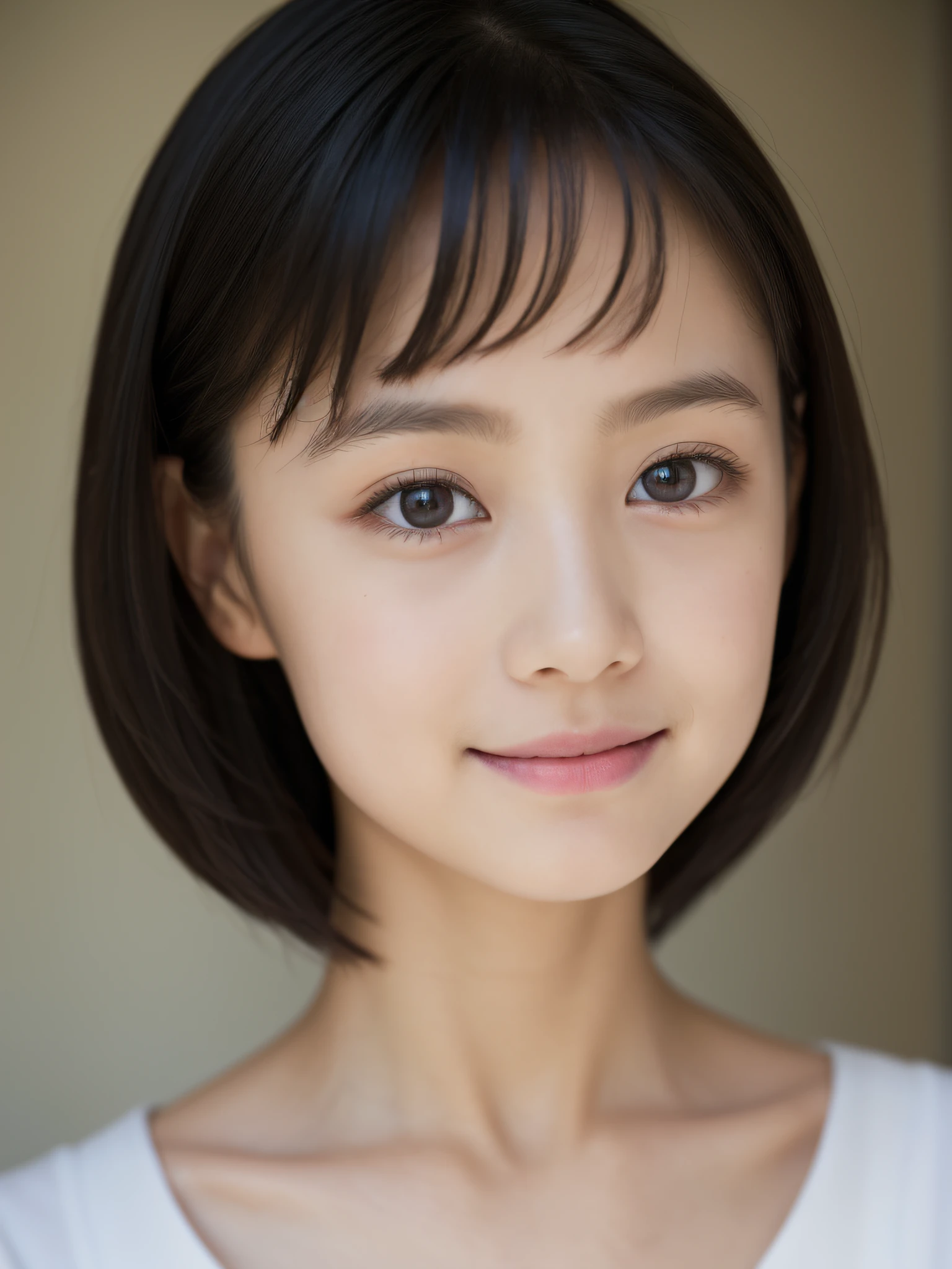 Neat and clean elementary school girl, petite person, (slim, Small, Flat, Small), A dark-haired, Photorealistic, detail, Detailed skin texture, Ultra Detail, Delicate collarbones, Smile, Super Detailed Face, Detailed lips, Detailed eyes, (10years old girl)、Delicate eyebrows、short neck、Professional Photography、(watching at viewers)、f lare、(Unique Beautiful Girl)、30mm prime lens、softfocus、Narrow-eyed、pores、bodyhair、Half Russian and half Japan、undergarment