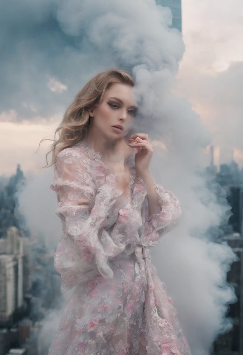 A woman's face hidden by a smoke cloud, cloud covering face::2, surreal photograph, long hair, movie still by Christoper Nolan, dress with flower pattern, foggy, city with skyscrapers, halation around lights, diffuse lighting, extreme high angle::2, Instax, pastel colours --style raw --v 5.2-