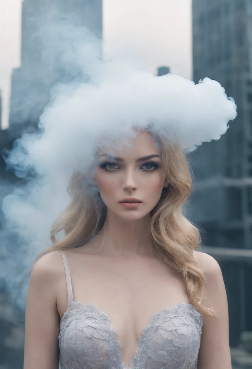 A woman's face hidden by a smoke cloud, cloud covering face::2, surreal photograph, long hair, movie still by Christoper Nolan, dress with flower pattern, foggy, city with skyscrapers, halation around lights, diffuse lighting, extreme high angle::2, Instax, pastel colours --style raw --v 5.2-