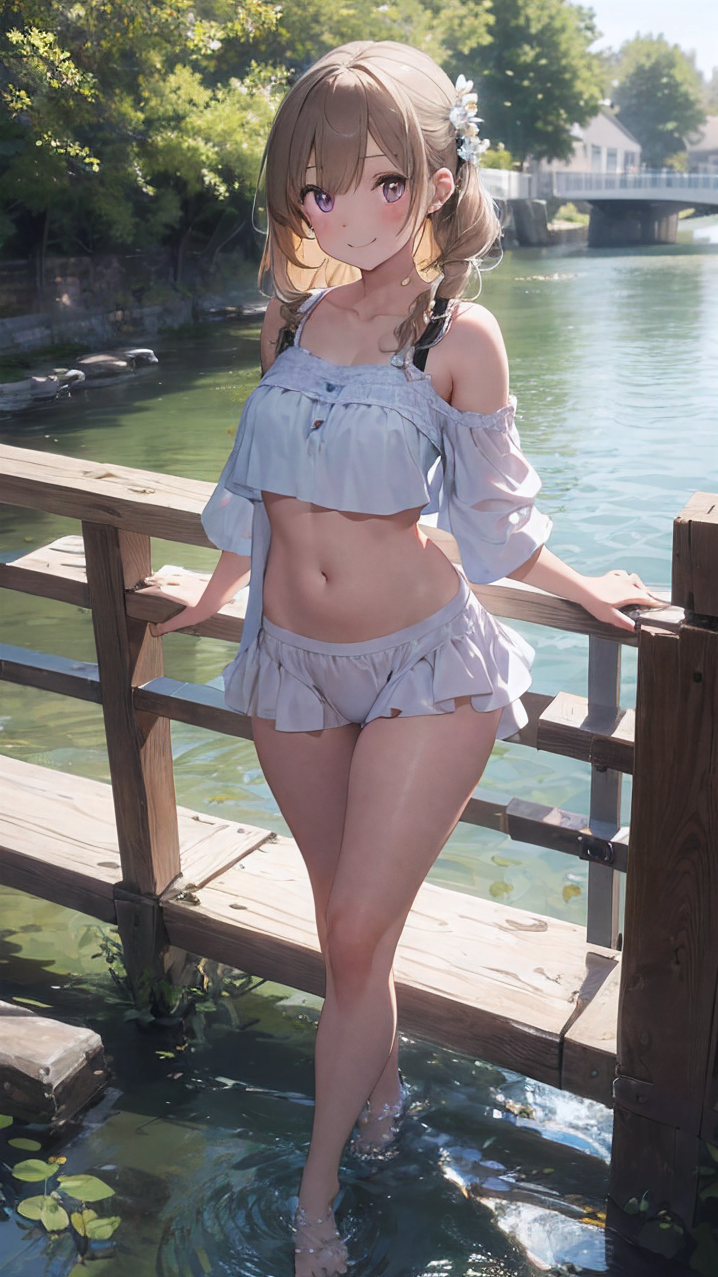 (masutepiece,hight resolution,16 K:1.2),(1girl in:1.4),off shoulders,Long hair,BREAK,Cute white underwear,(Beautiful lovely glowing thigh:1.2),Full body,Beautiful,Beautiful navel,beatiful detailed eyes,Looks like a 12-year-old,150cm petite beautiful girl,a baby face,A smile,Walking on the river,Raw photo,absurderes,Cute smile,BREAK,White floral hair accessories,