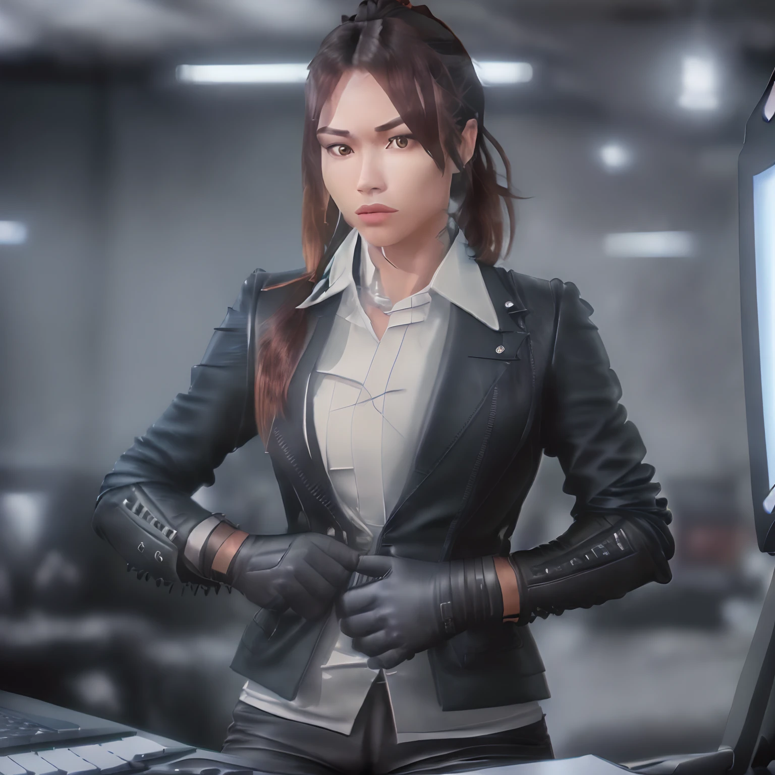 (((All black)))(((Three-piece pants suit)))(((Business suit and short leather gloves, shirt, vest, blazer jacket)))(((5 fingers, black leather gloves, 18-year-old Japanese beauty secretary with a young ponytail, computer operation, high image quality)))(((Background is computer room)))