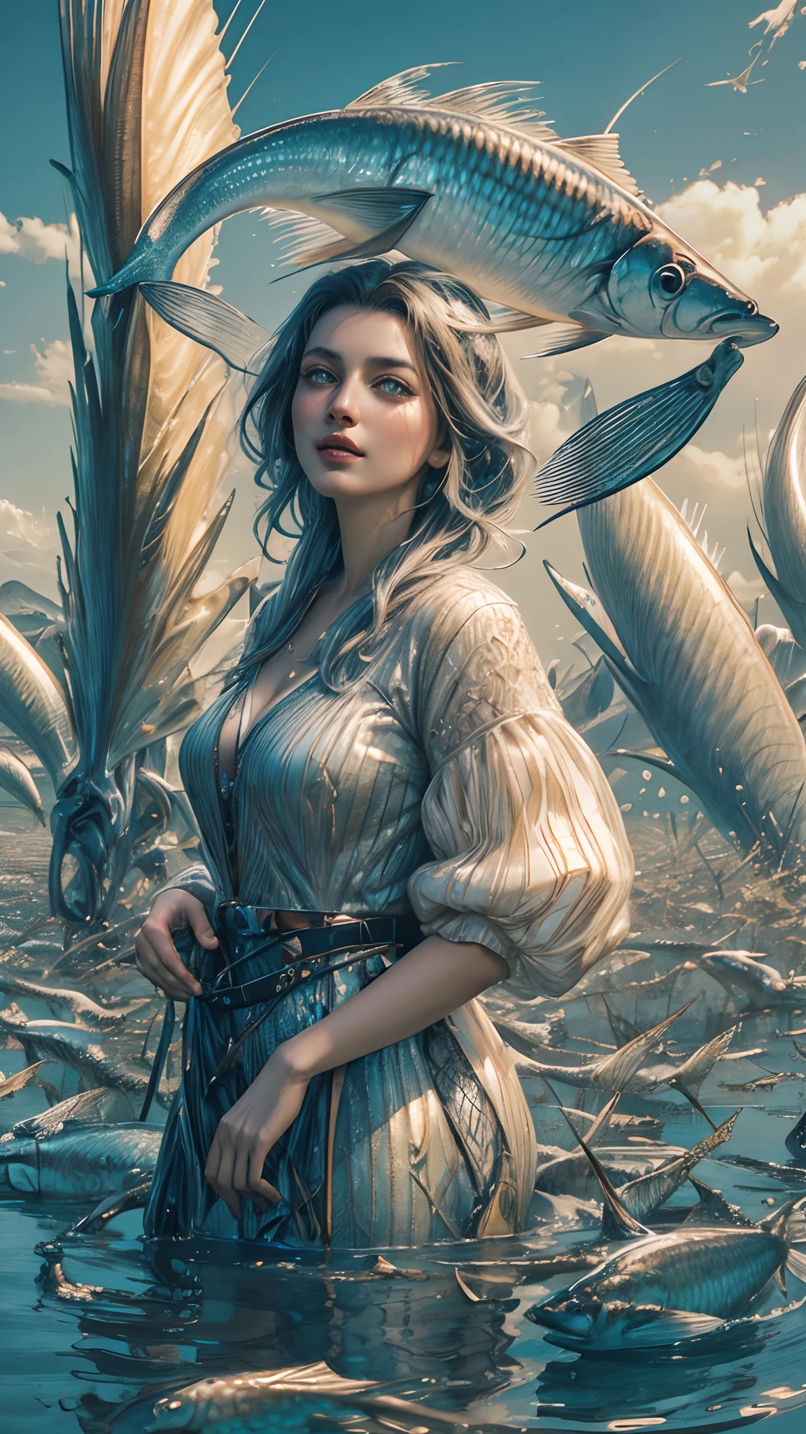 c4d,3D render,render,a woman standing in a field of fish, cgsociety 9, surreal portrait photography, adrian borda, by Christian W. Staudinger, 8k fine art photography, mind-bending digital art, stunning digital art, surrealistic digital artwork, surreal photography, beeple and james jean, photorealistic digital arts, exquisite digital illustration, stunning digital illustration