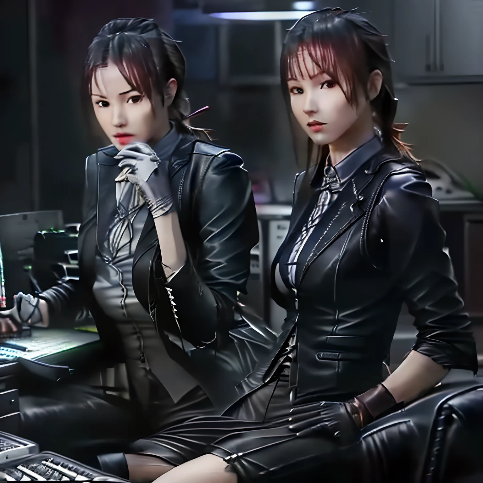 (((All black)))(((Three-piece pants suit)))(((Business suit and short leather gloves, shirt, vest, blazer jacket)))(((5 fingers, black leather gloves, 18-year-old Japanese beauty secretary with a young ponytail, computer operation, high image quality)))(((Background is computer room)))