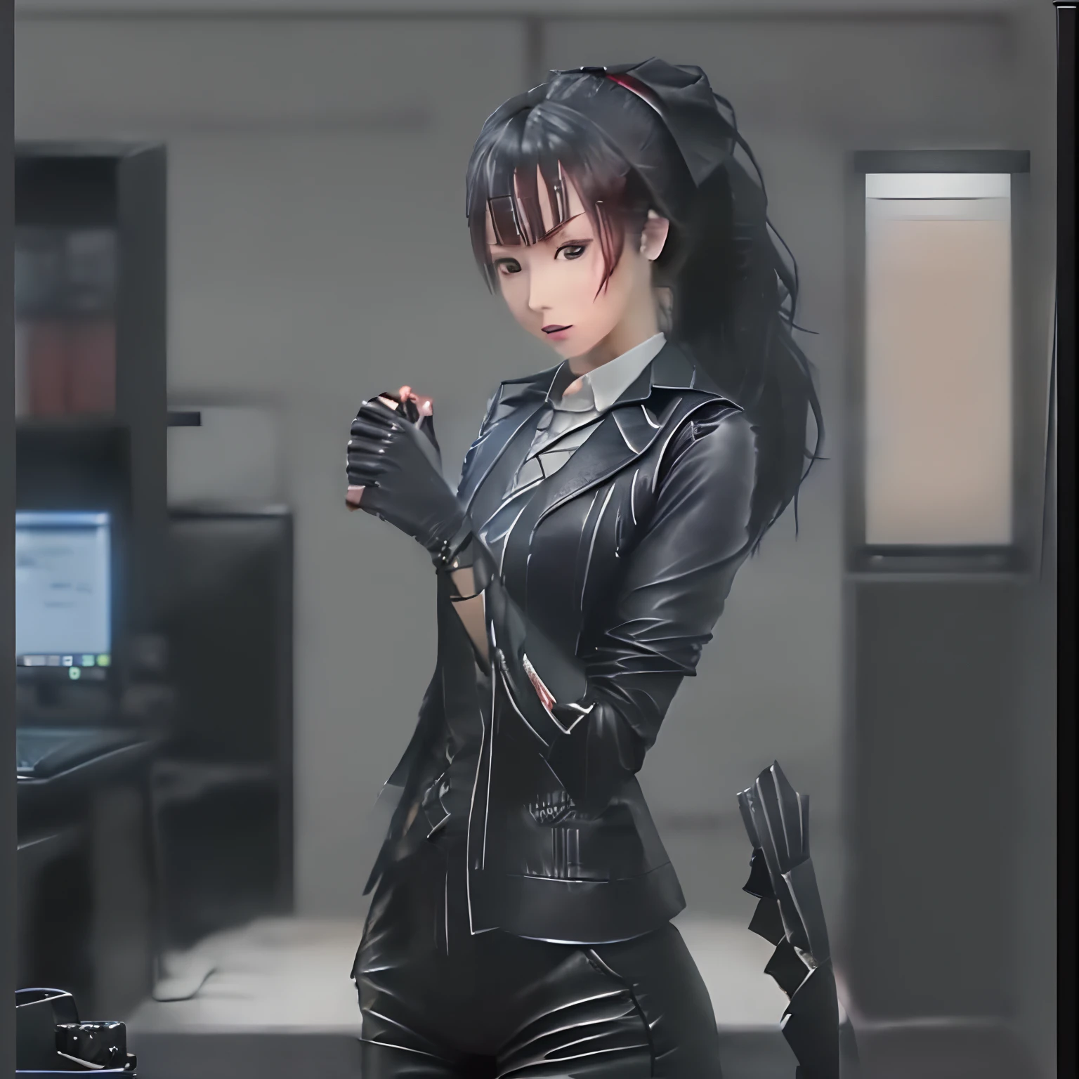 (((All black)))(((Three-piece pants suit)))(((Business suit and short leather gloves, shirt, vest, blazer jacket)))(((5 fingers, black leather gloves, 18-year-old Japanese beauty secretary with a young ponytail, computer operation, high image quality)))(((Background is computer room)))