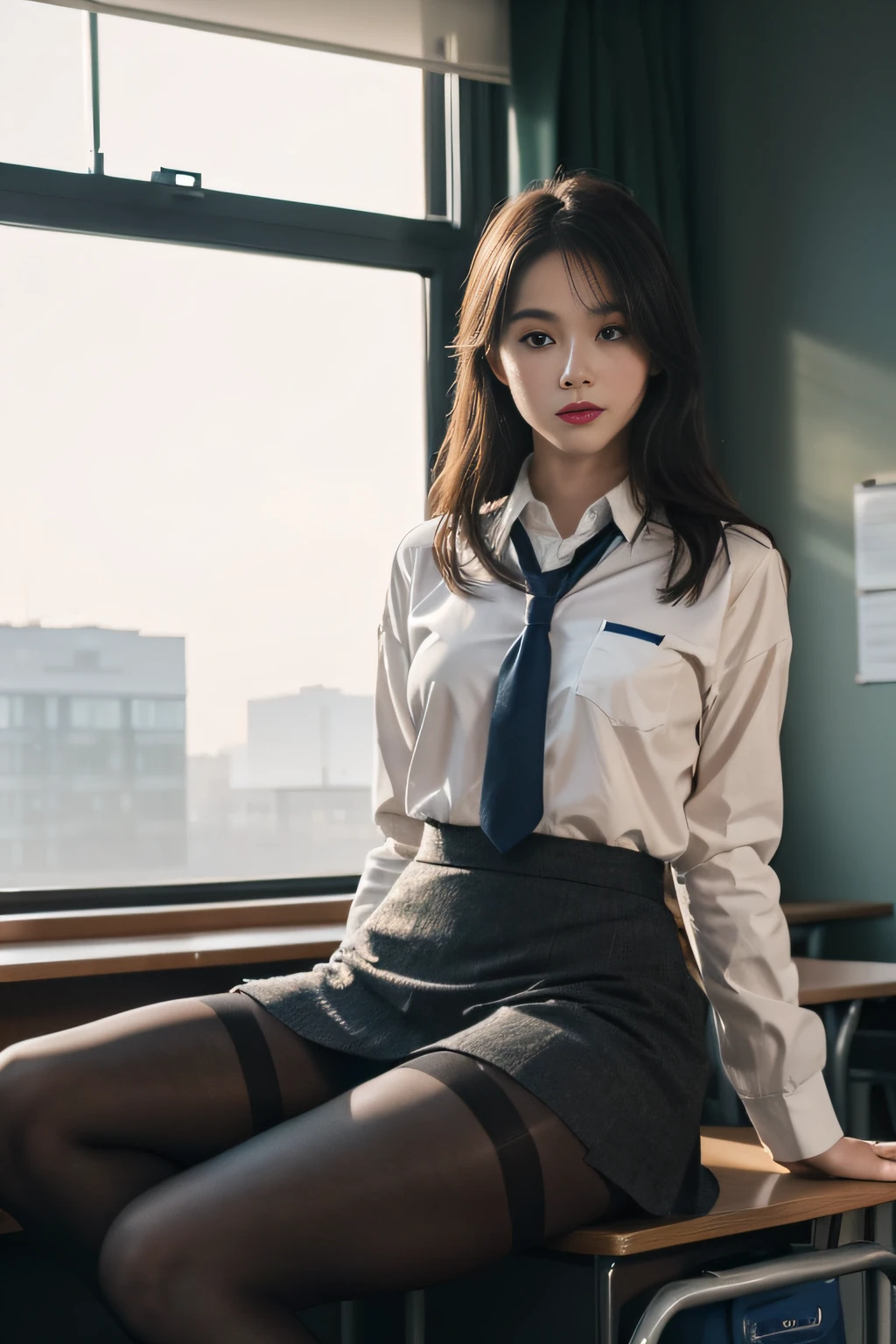 (full bodyesbian:1.5)，(1girll:1.3),(view the viewer:1.4)，(??????? correct:1.4),(sitting in classroom:1.2),(Wear a school uniform:1.2),(Opaque pantyhose:1.3),( Girls pointed-toe thick heels :1.1),(Accurate and perfect face:1.3),(Long legs:1.3),hyper HD, Ray traching, reflective light， structurally correct, Award-Awarded, High detail, Fade shadow contrast, Face lighting ，Cinematic lighting, Masterpiece, super detailing, High quality, High detail, Best quality, 16k，High contrast,
