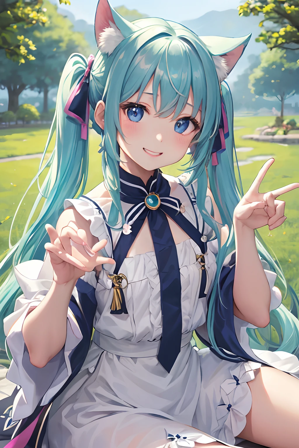 masterpiece:1.2、hightquality、top-quality、hight resolution、detaileds、A hyper-realistic、20Beauty of the same age、long hair with pink twin tails,,,,,,,,,,,、Beautiful blue eyes、tilt of the head、morning glow、Green grass々Shigi々、birdie、rainbows、portlate、Lovely smile、showing teeth、(A detailed face)、((foco nítido))、((faces))、The upper part of the body_Body