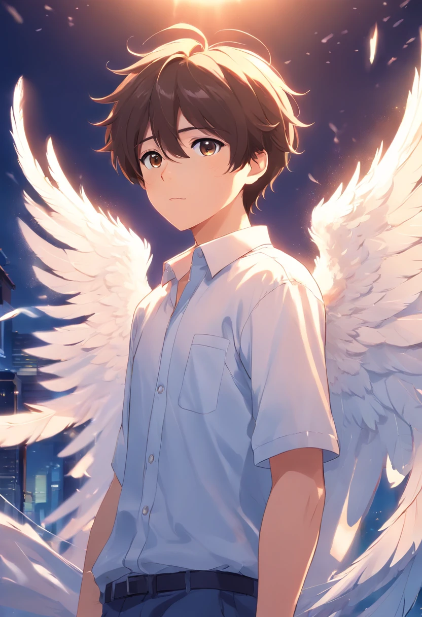 boy, 20 years old, angel, white shirt, angel wings, white, feathers