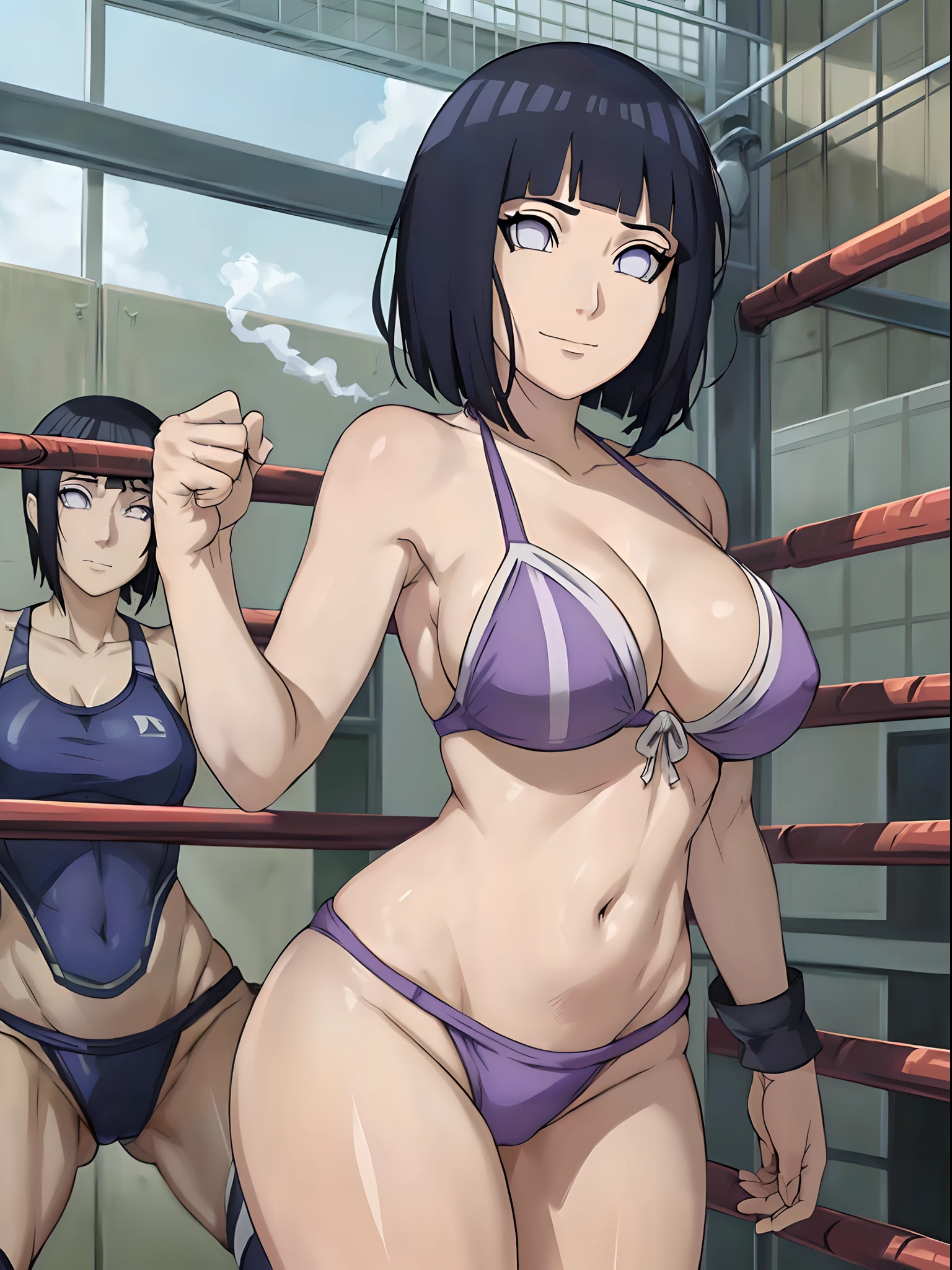 anime style, wrestling ground, (hinata\(boruto\), (female wrestler), (slender body), mature woman, milf, (bikini, pro wrestling gear) victorious, gorgeous, winner, kind face, smile, closed mouth, pale skin, shiny skin, (dark blue hair color:1.1), wavy hair, ((short hair, hime cut), big breasts, (only one arm stretching), long belly, closed fists, seductive, (perfect eyes, white sciera, bright eyes, white eyes, anime eyes, smoky eyeliner, eyeshadow)