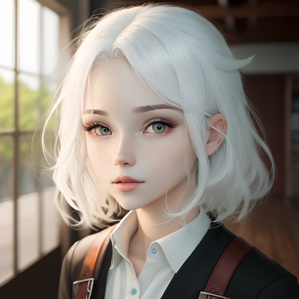 Olhos azuis, cabelos albinos roupas casuais anime