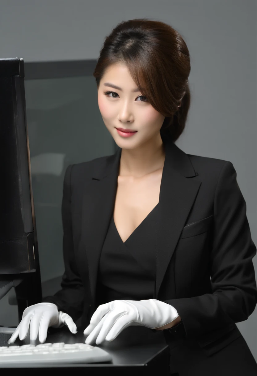 (((All black)))(((Three-piece pants suit)))(((Business suit and short leather gloves, shirt, vest, blazer jacket)))(((5 fingers, black leather gloves, 18-year-old Japanese beauty secretary with a young ponytail, computer operation, high image quality)))(((Background is computer room)))