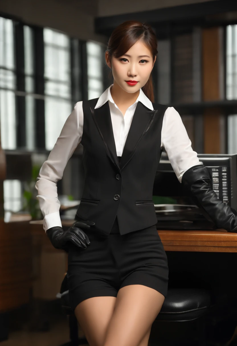 (((All black)))(((Three-piece pants suit)))(((Business suit and short leather gloves, shirt, vest, blazer jacket)))(((5 fingers, black leather gloves, 18-year-old Japanese beauty secretary with a young ponytail, computer operation, high image quality)))(((Background is computer room)))